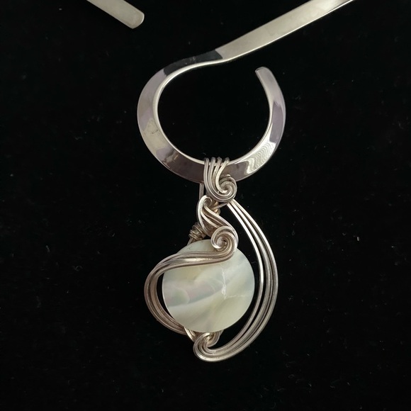 Handmade Mother of Pearl Pendant with Twisted Silver Wire Wrap Design - Picture 2 of 5